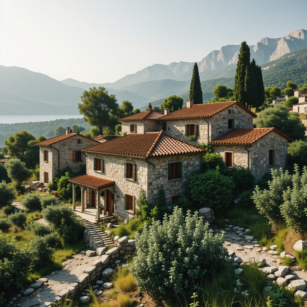 High-resolution 3D digital visualization of traditional stone houses with red roofs in Škrip, Brač, Croatia