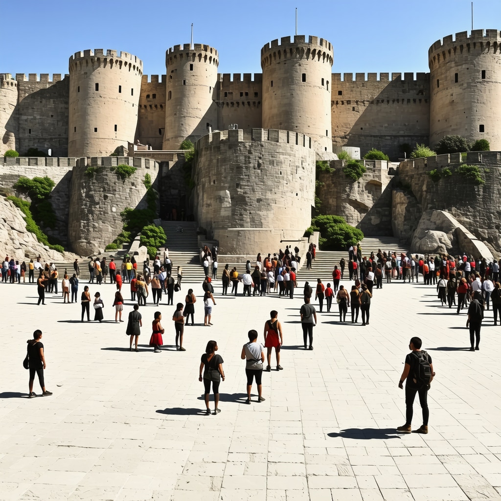 Tourists exploring Bitolj fortress with augmented reality digital overlays showing historical reconstructions