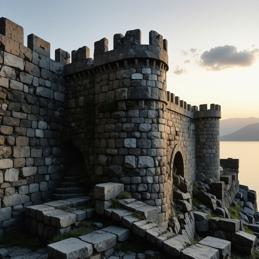 3D rendering of Kotor Fortress walls with monitoring sensors at sunset