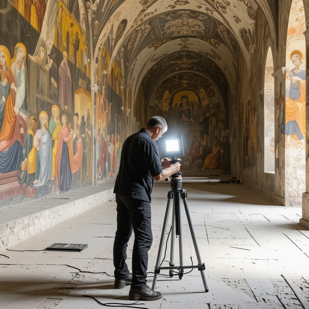 Conservator performing 3D laser scanning on medieval frescoes inside Gračanica Monastery