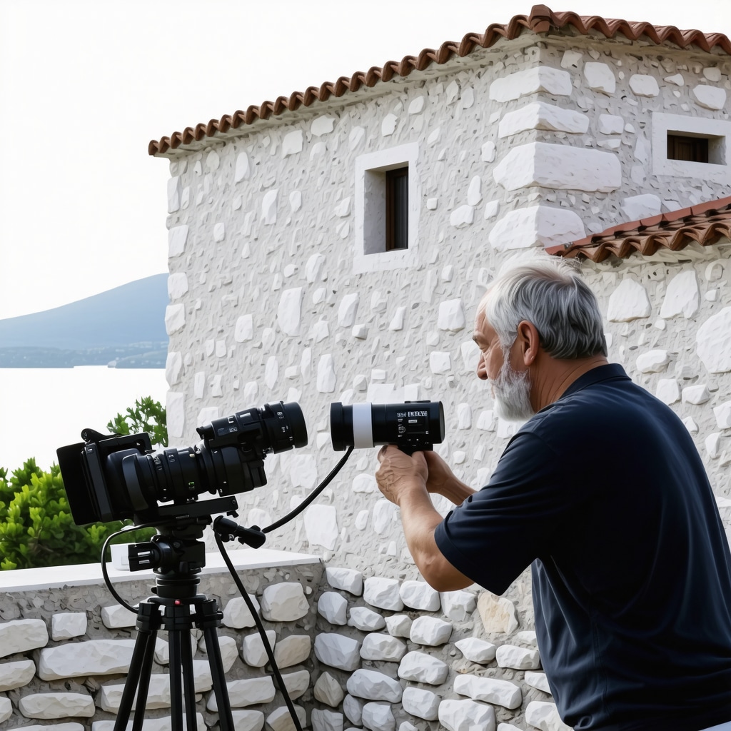 Expert scanning traditional stone house with red roof in Brač for restoration
