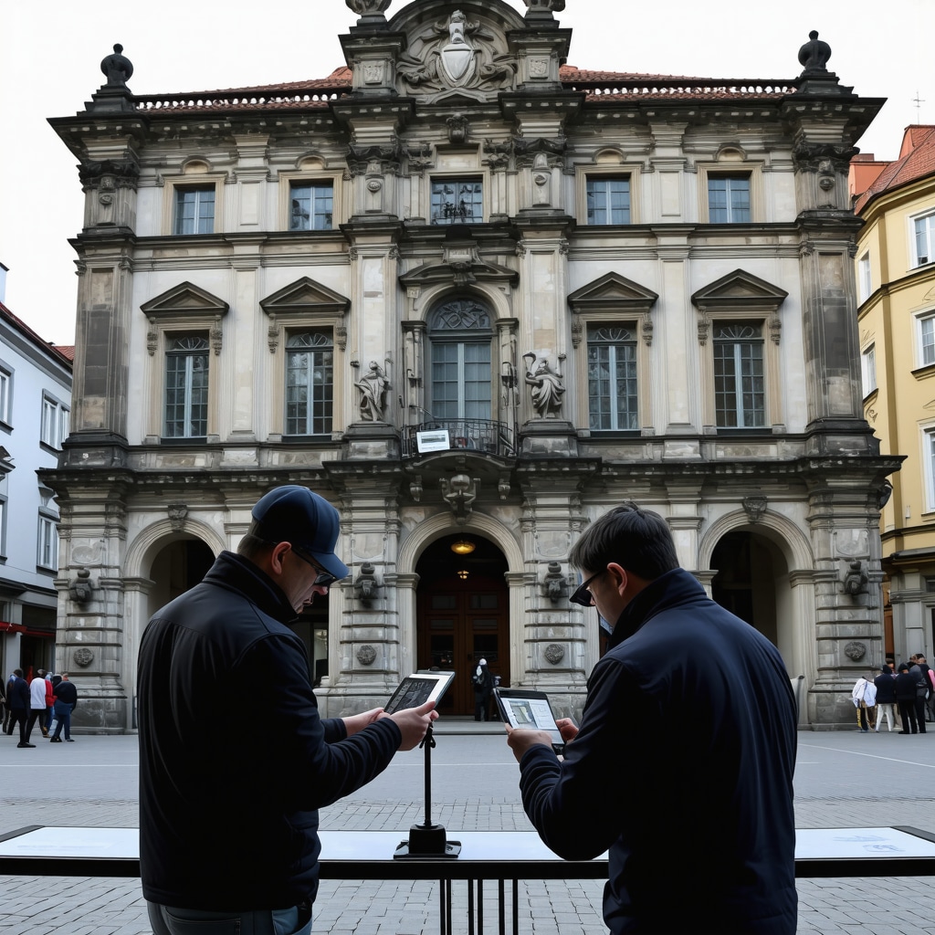 Restoration experts using 3D scanning technology on a baroque building facade in Sibiu