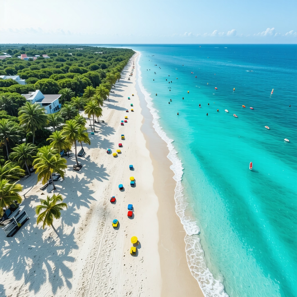 Aerial view of Mamaia beach with digital overlays representing AI tourism, sustainable water sports, and international cooperation.