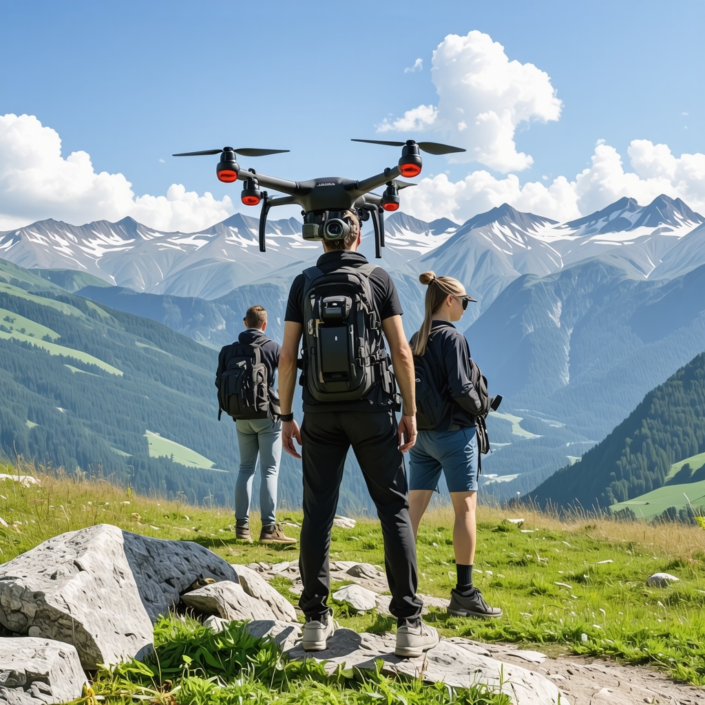 Panoramic mountainous landscape of Mavrovo National Park showcasing drone in flight and hikers using augmented reality applications
