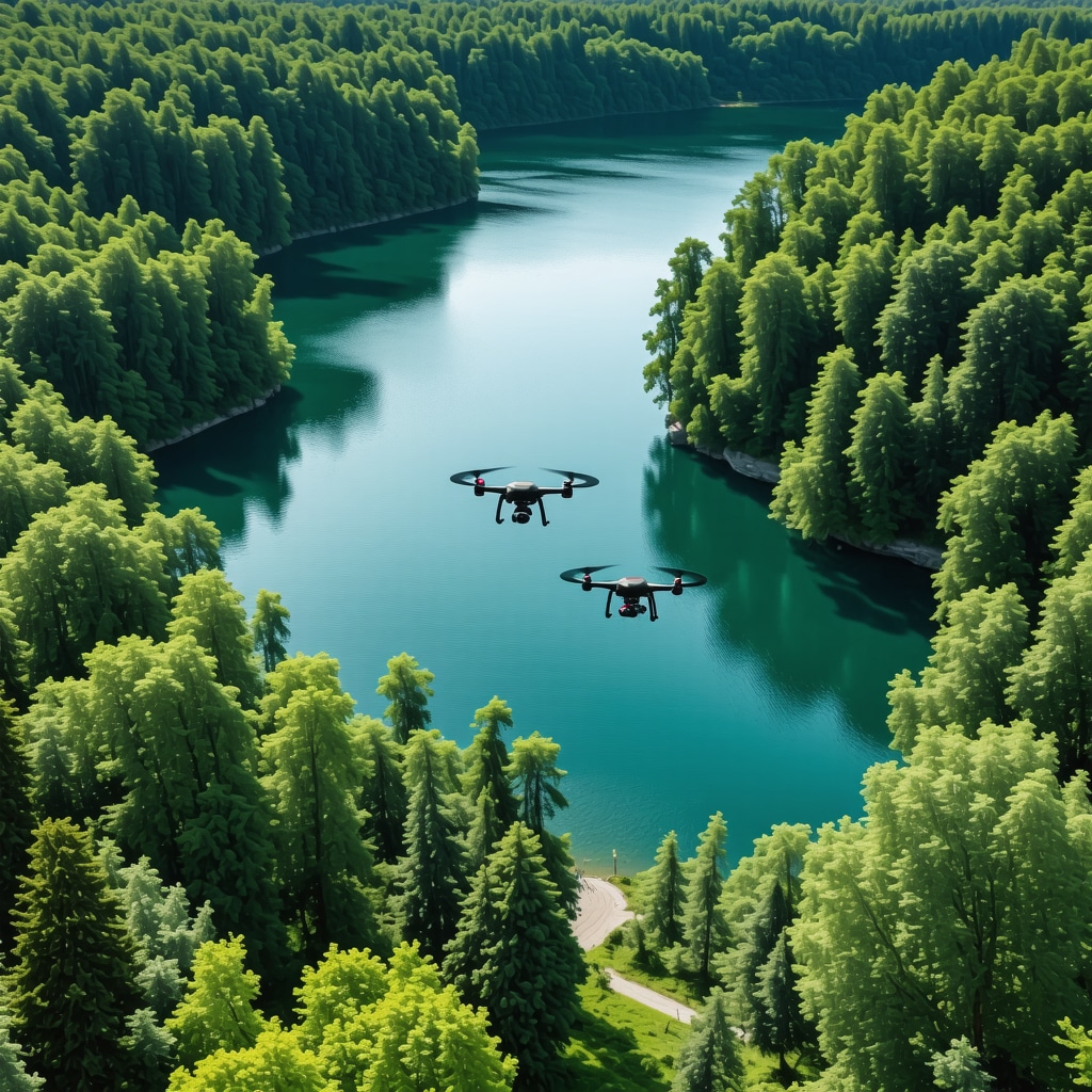 Aerial image showing Plitvice Lakes with drones and sensor devices for environmental monitoring