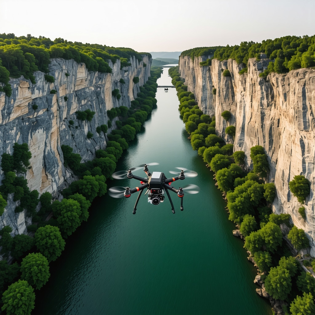 Aerial view showing drones and sensors monitoring the Danube River canyon environment