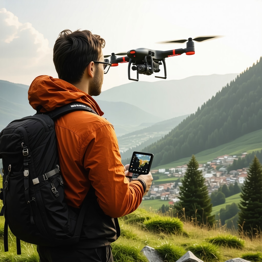 Hiker using GPS and biometric sensors with drone flying over Brașov mountain trails