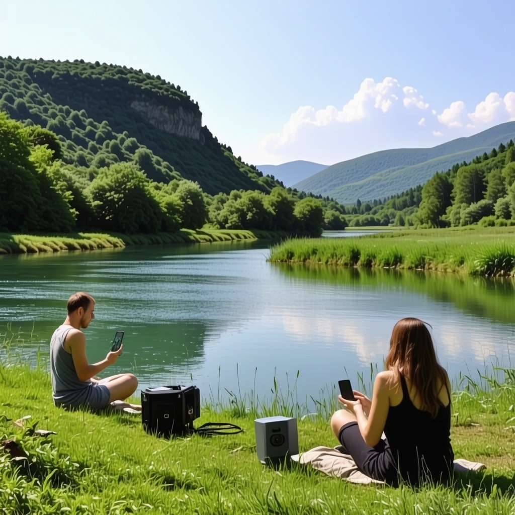 Panoramic view of Banja Luka with Vrbas river, eco-friendly sensors, and tourists using sustainable tourism apps