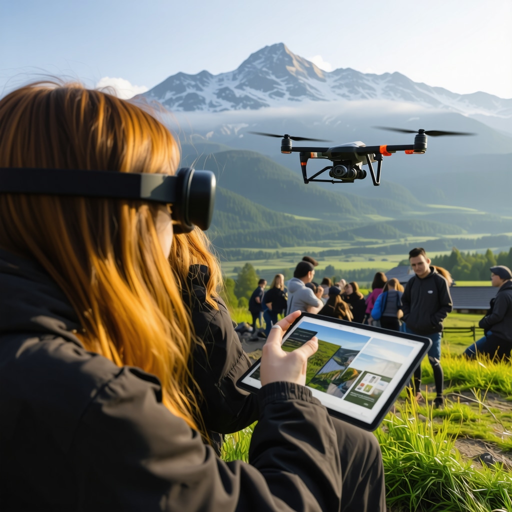 Tourists using AR glasses with drones and AI monitoring Zlatibor's natural landscapes for sustainable tourism