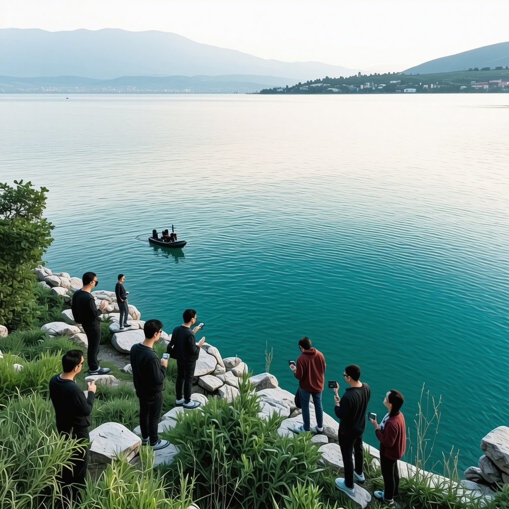 Aerial image of Lake Ohrid showing sensor devices in water and local people using mobile apps for environmental protection