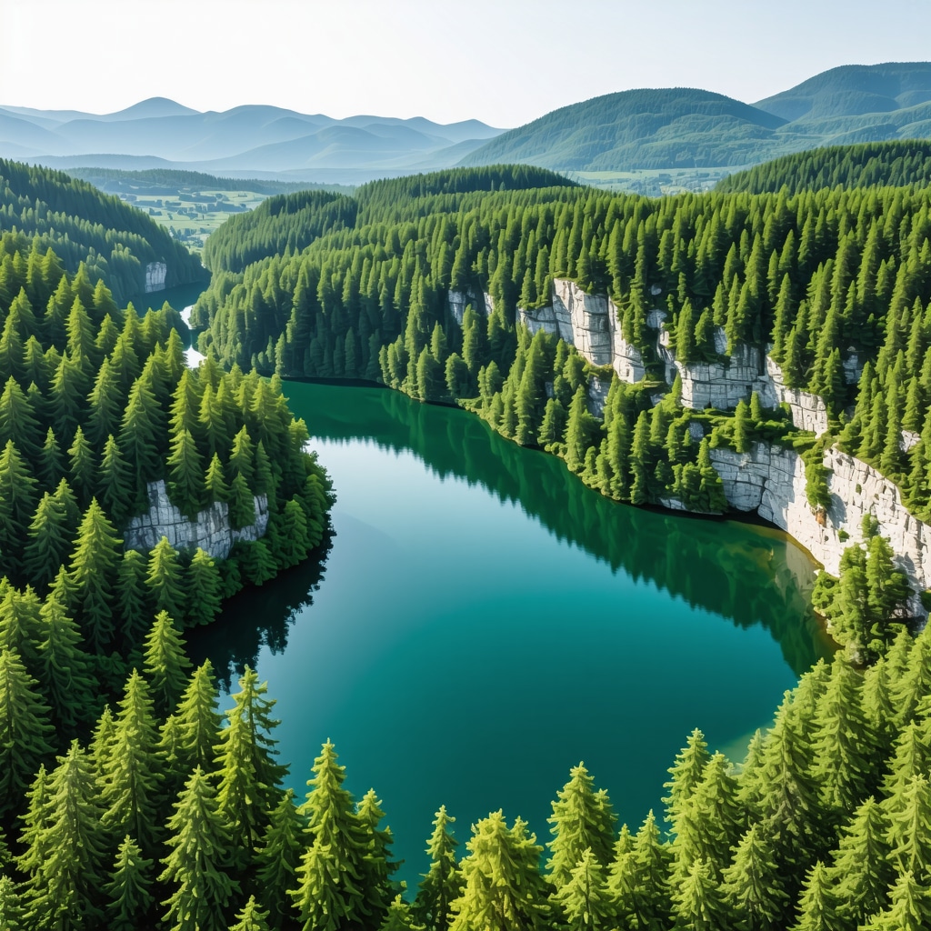 Aerial landscape of Plitvice Lakes with ecological sensors and drones monitoring environment