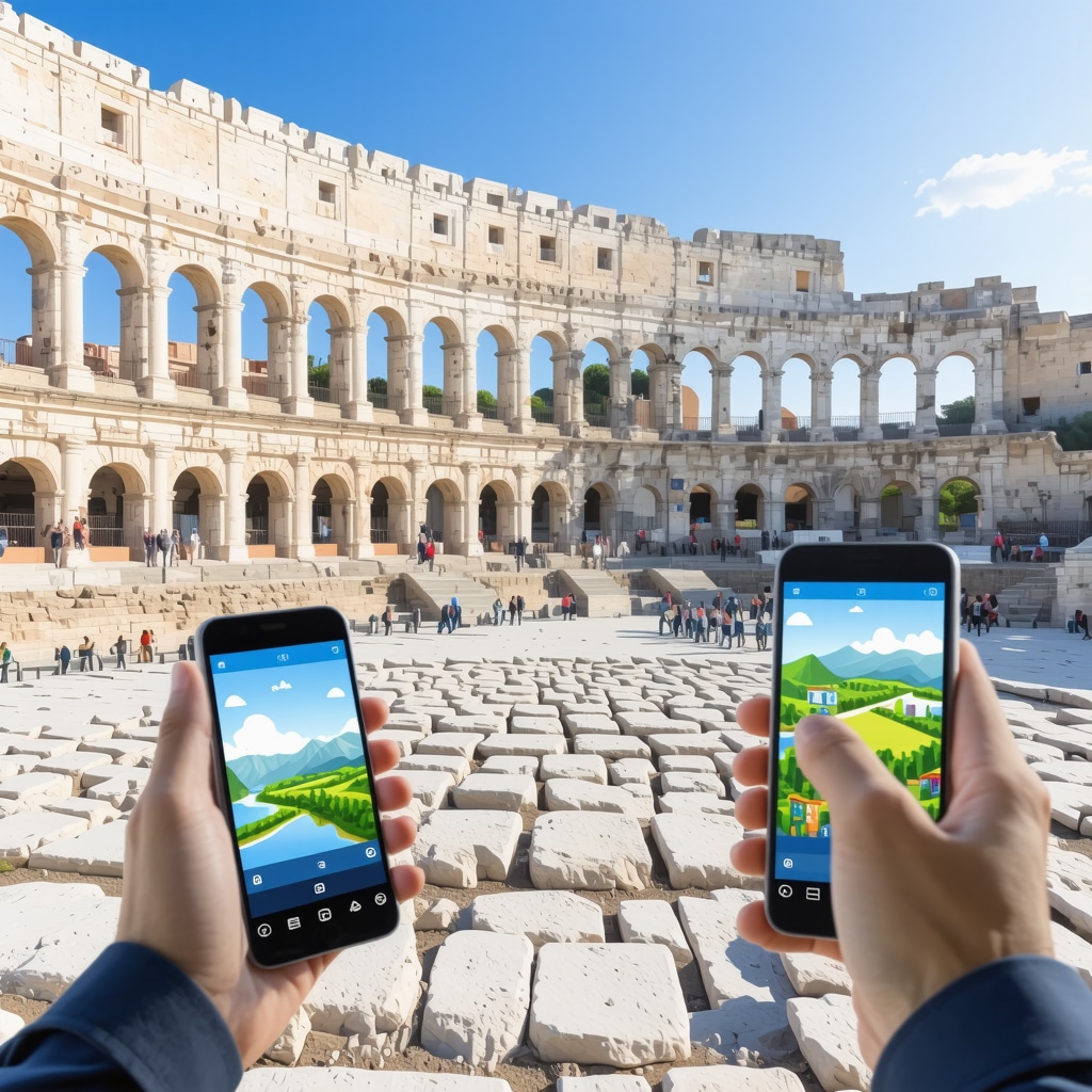 Illustration of environmental sensors and interactive apps managing tourism sustainability in Pula with Roman amphitheater