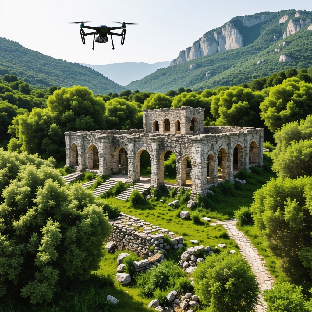 Drone view of Butrint archaeological site with technology monitoring and tourists