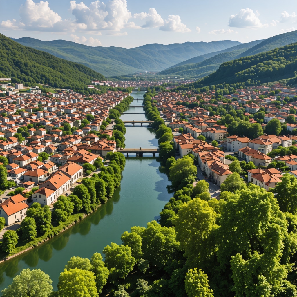 Aerial photo showing Banja Luka's historic buildings alongside the Vrbas river and green natural landscapes.