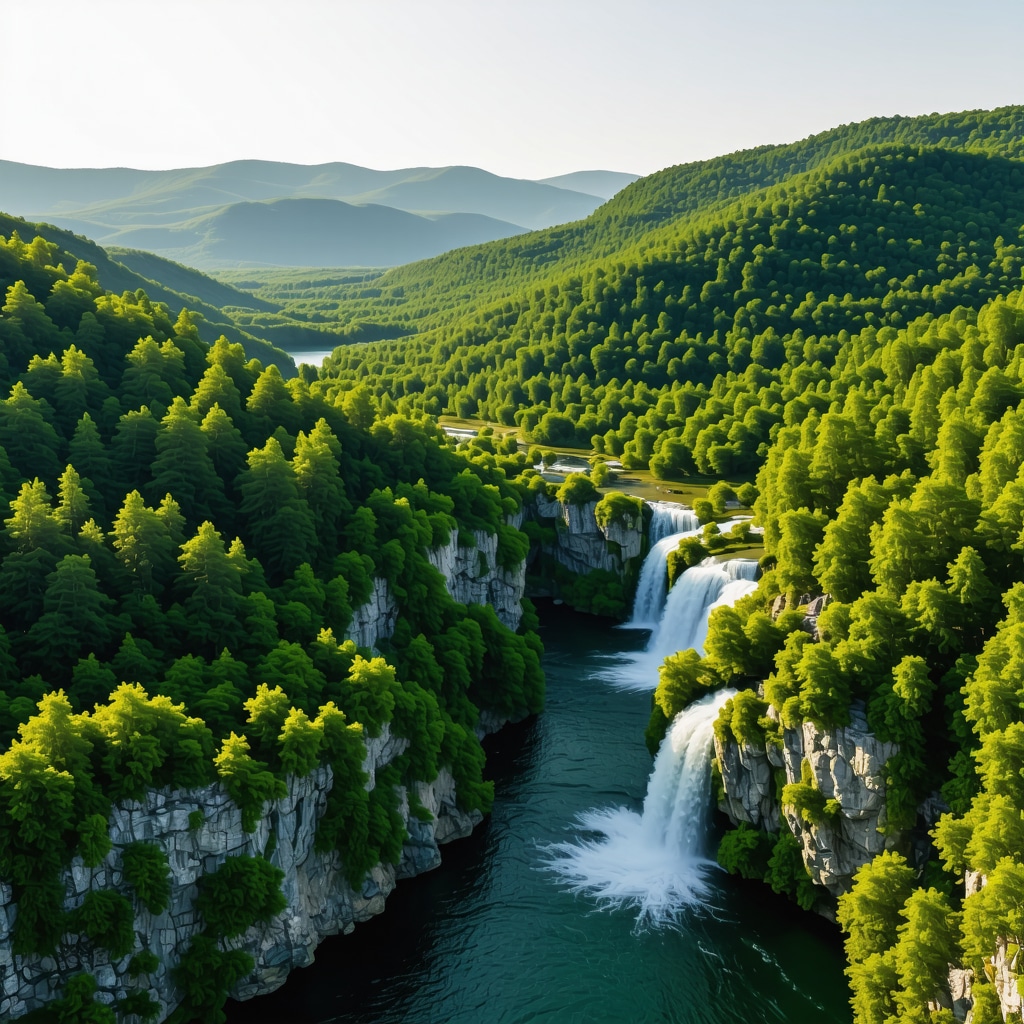 Aerial view of Krka National Park featuring lush forests, river, and waterfalls illustrating biodiversity and eco-tourism