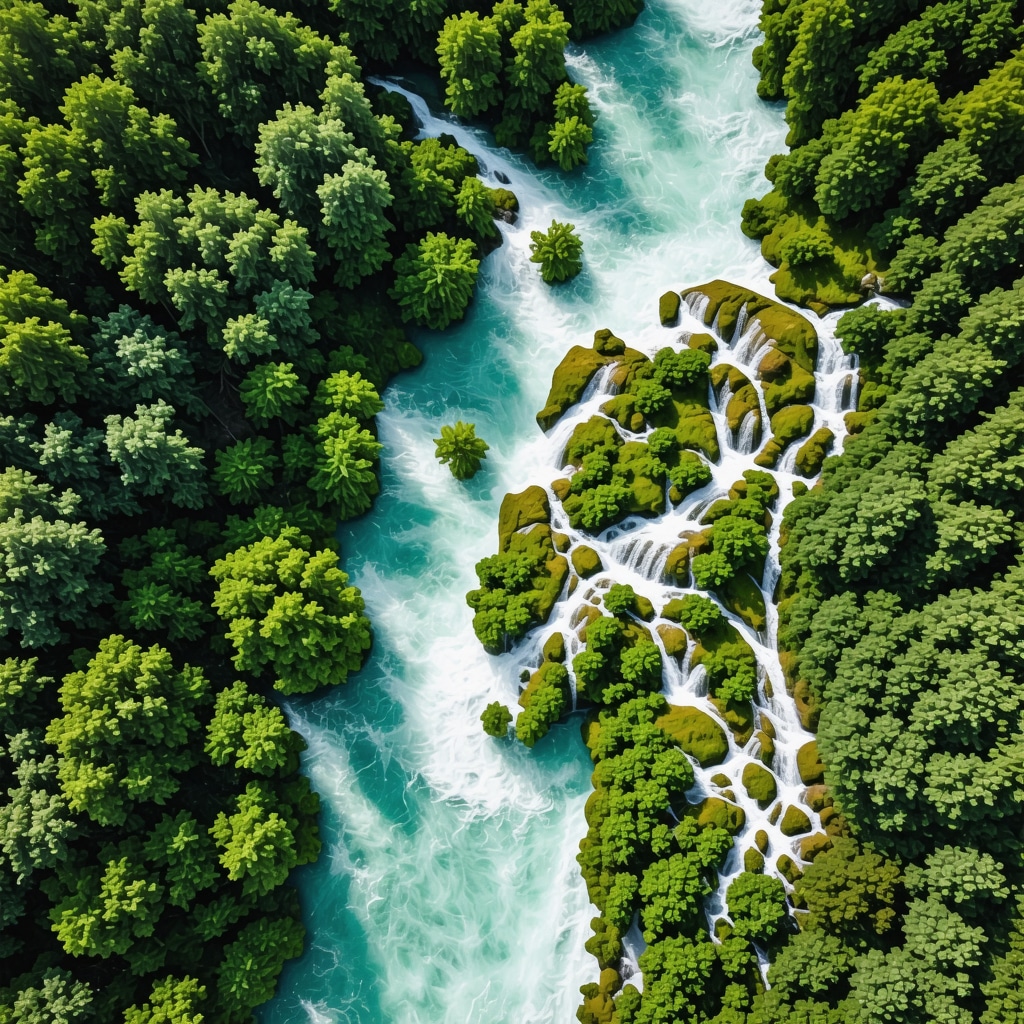 Aerial image of Krka National Park featuring waterfalls, dense forest, and drones monitoring the environment