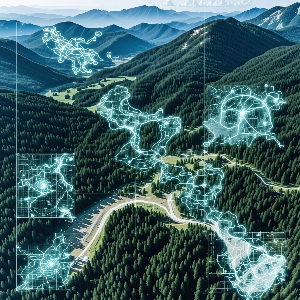Aerial image of Mavrova National Park featuring digital overlays representing environmental monitoring technologies like drones and GIS