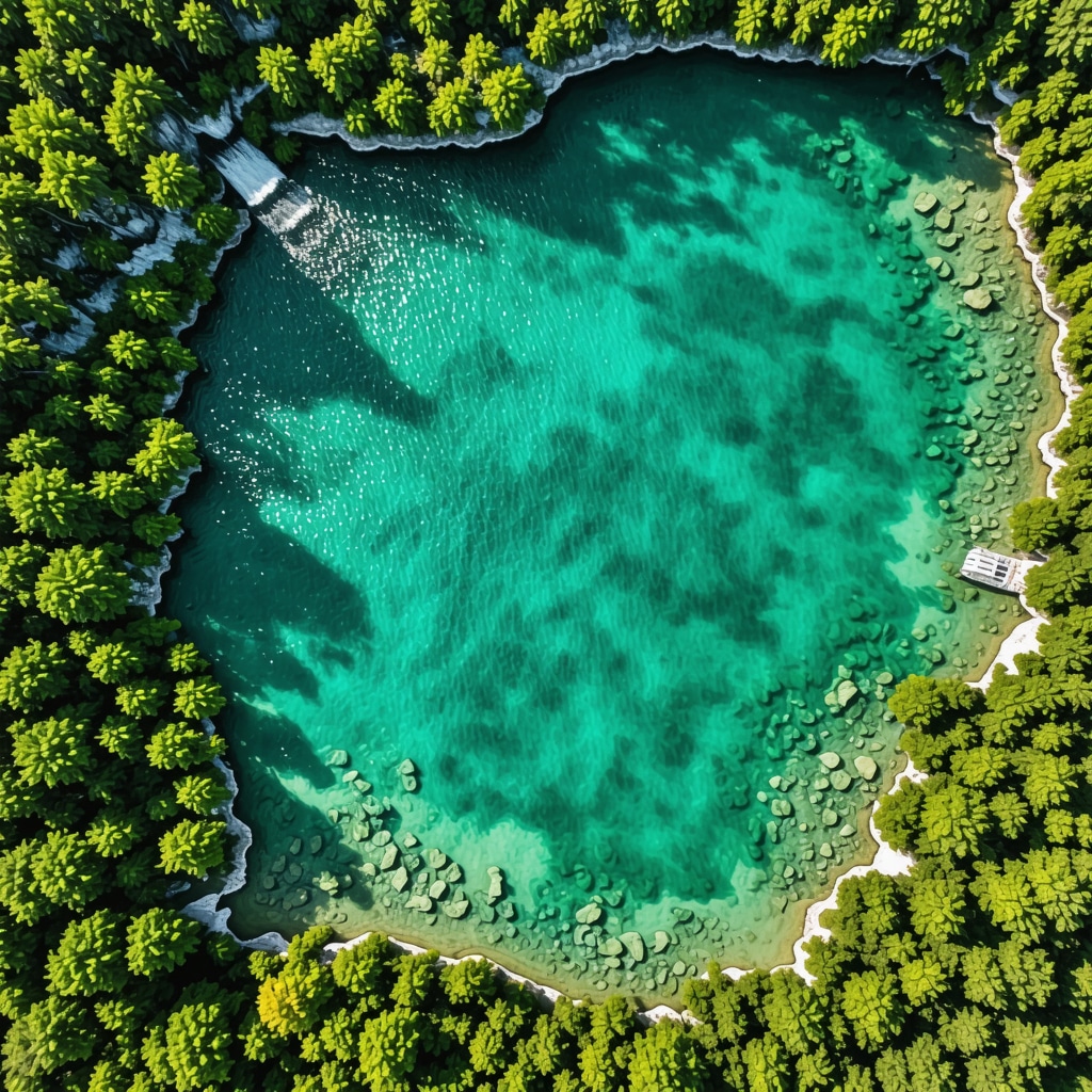 Aerial image showcasing microbial mats in turquoise waters of Plitvice Lakes with surrounding forests and waterfalls