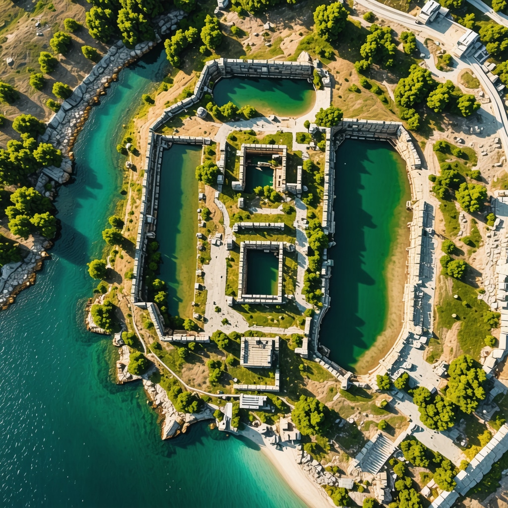 Drone aerial image of Butrint National Park highlighting archaeological sites and natural habitats with augmented reality and LiDAR technology overlays