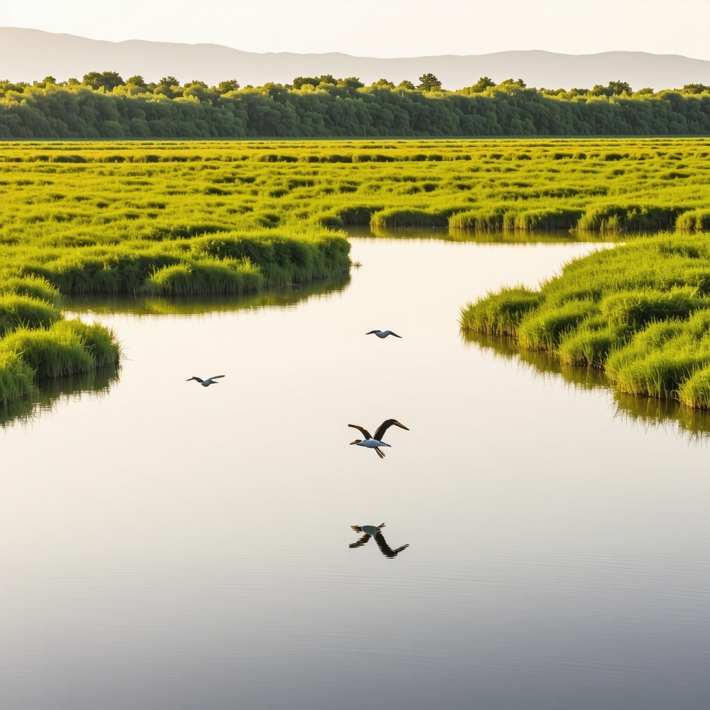 Aerial scenic view of wetlands and pelicans in Divjakë-Karavasta National Park with guided eco-tourists