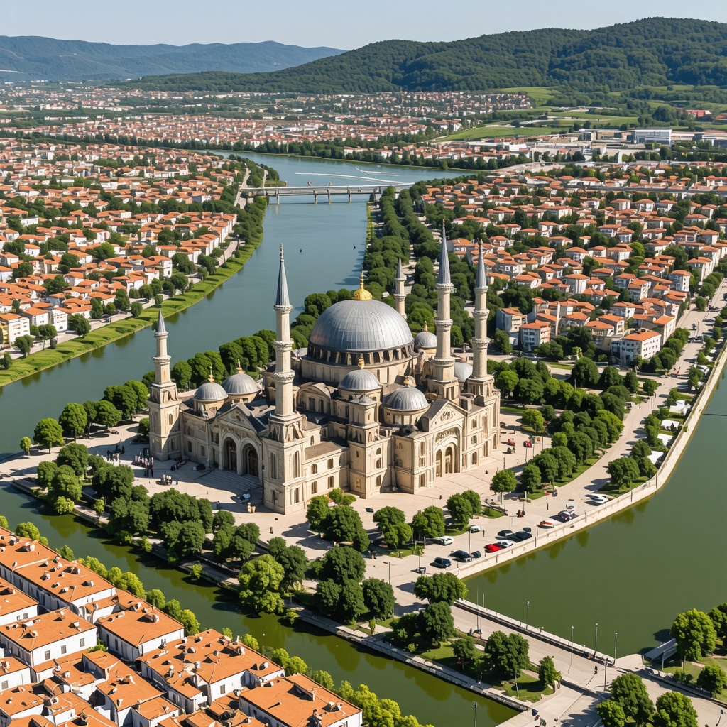 Aerial photograph showing Selimiye Mosque in Edirne surrounded by rivers Meriç and Tunca and green landscape