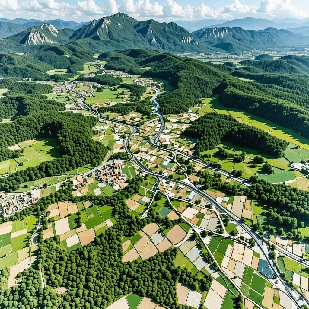 Aerial image showing Gevgelija's microclimates with river valleys, mountains, and fields illustrating biodiversity and eco-tourism