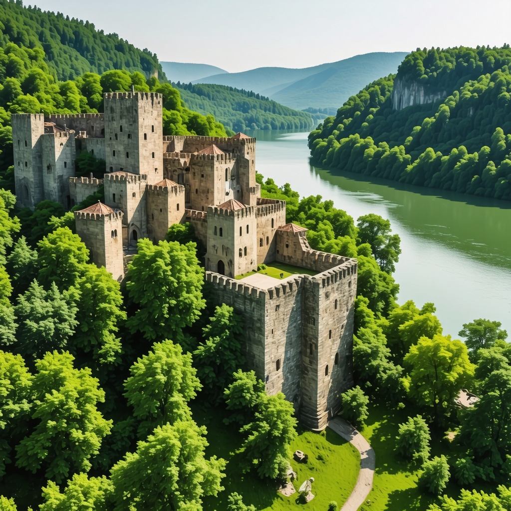 Aerial photograph showing Golubac Castle with surrounding forests and Danube River in National Park Đerdap