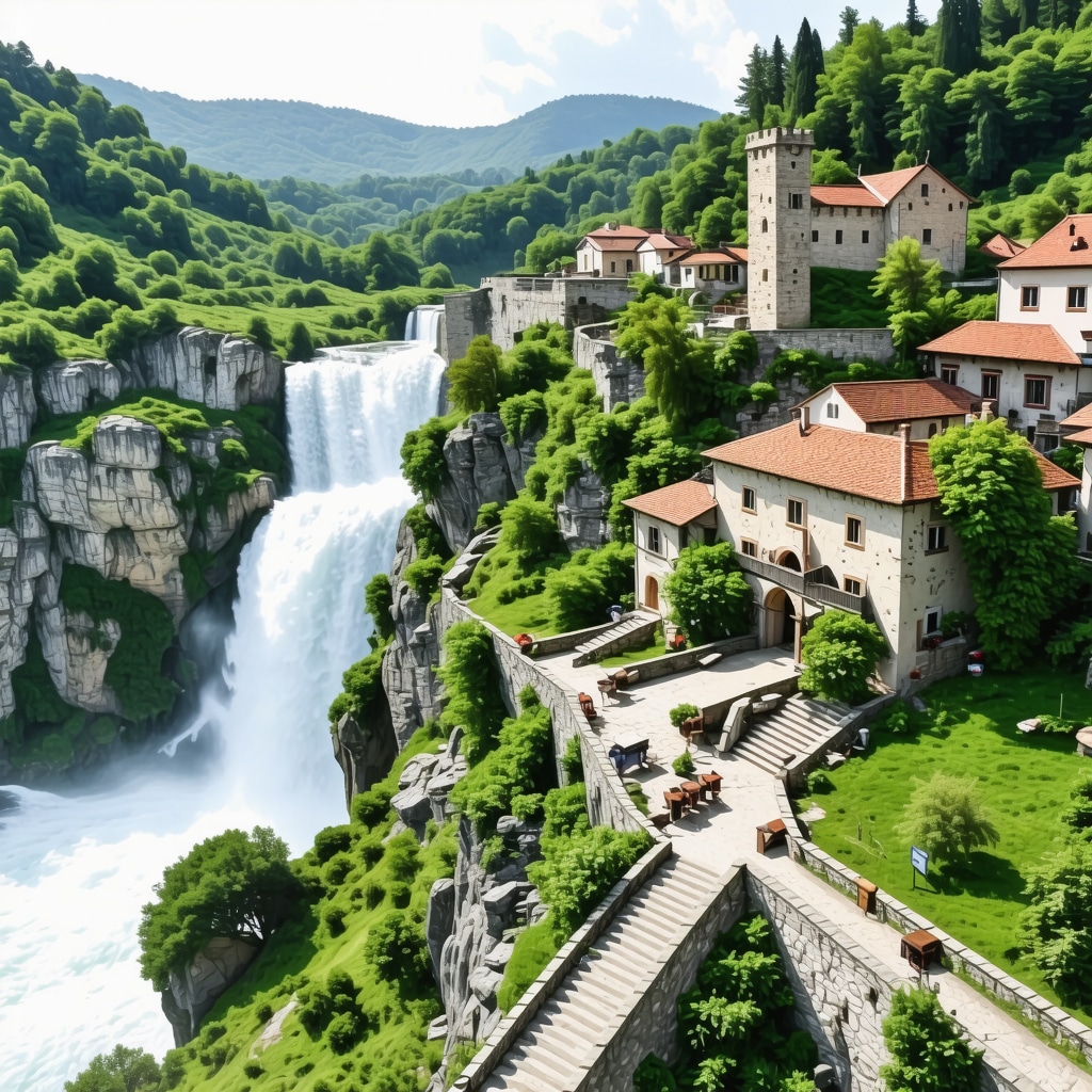 Aerial view of Jajce castle, waterfall, and green landscape highlighting sustainable tourism features