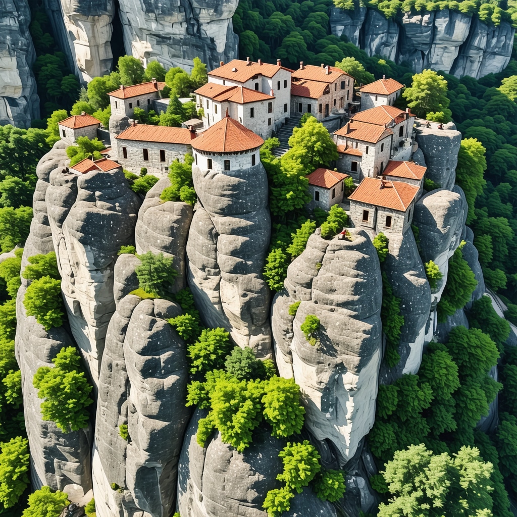 Aerial photograph of Kalambaka featuring Meteora monasteries and green technology monitoring equipment