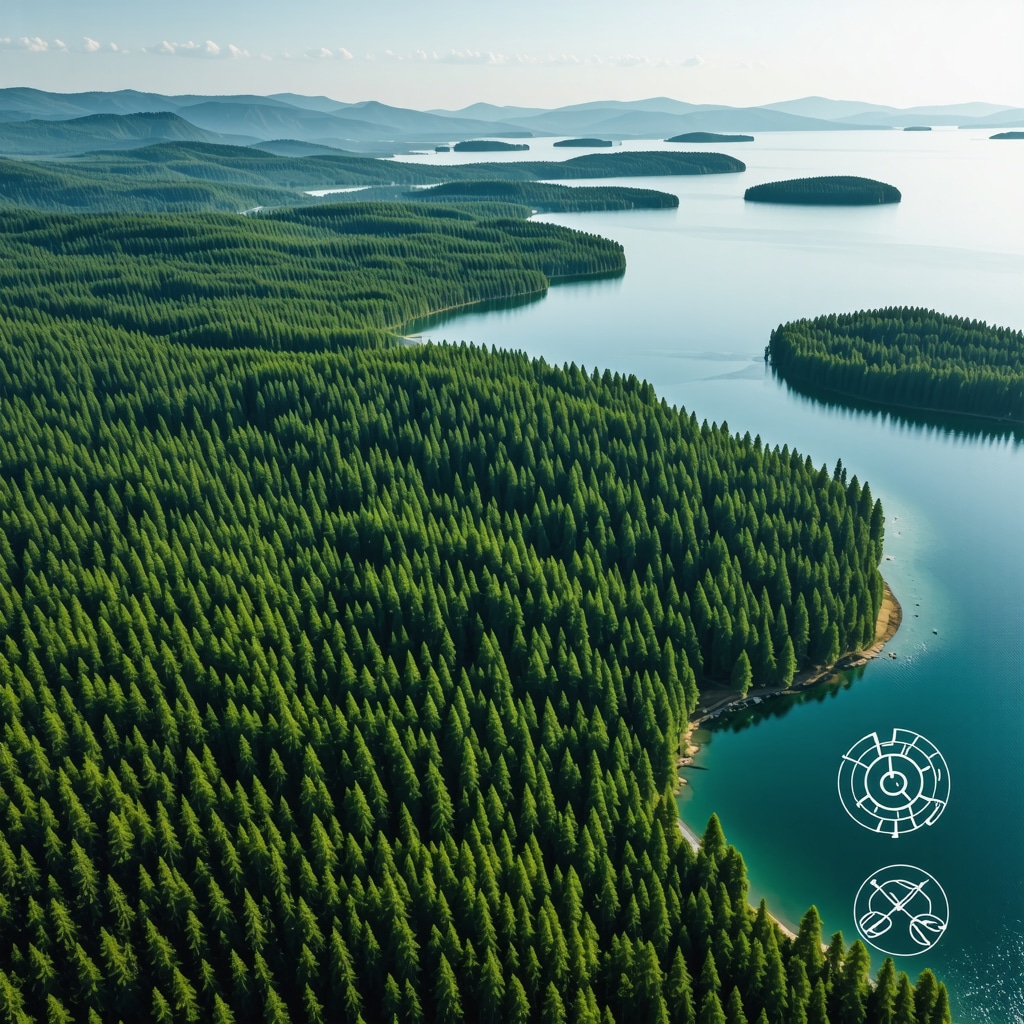 Aerial photograph of Kırklareli showing forests, lakes, and coastline with digital graphics of drone and sensor technology for conservation