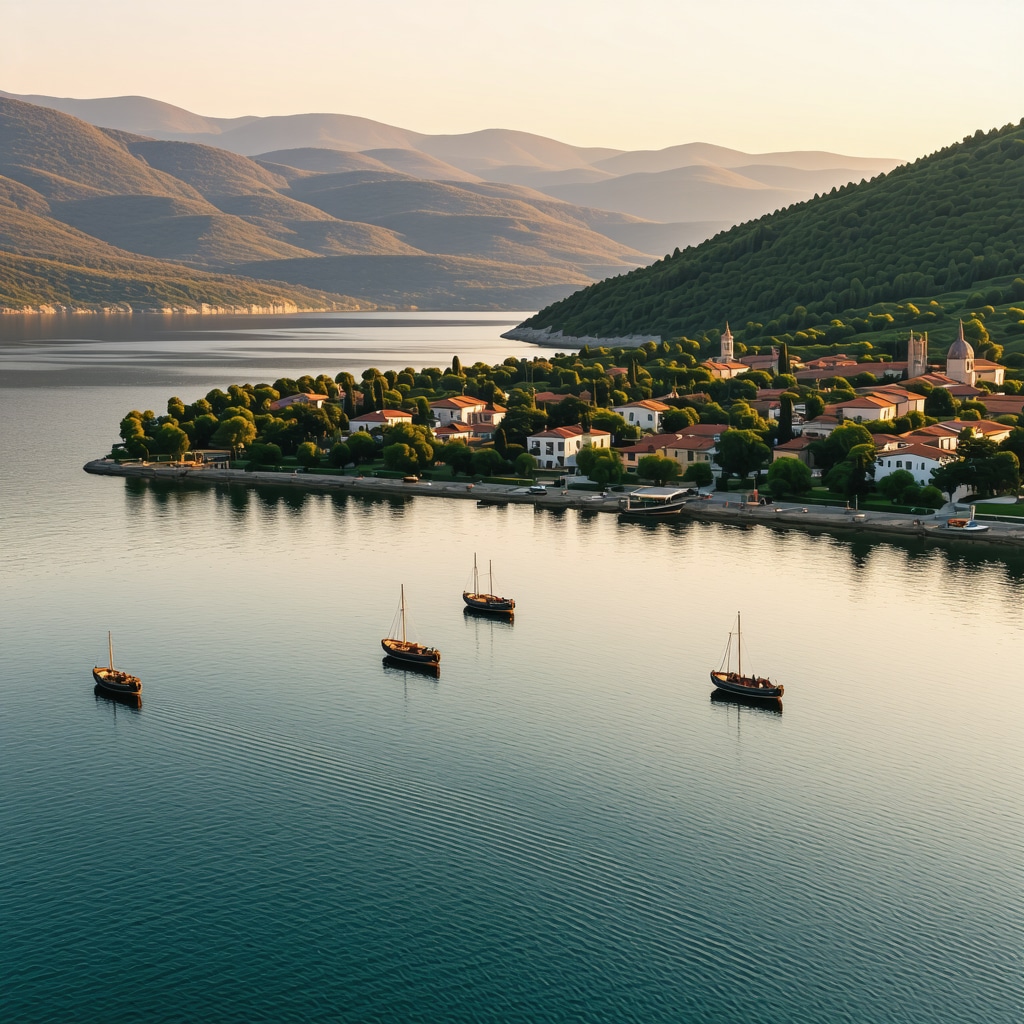 Aerial photograph of Lake Ohrid with traditional boats and historic villages during sunset