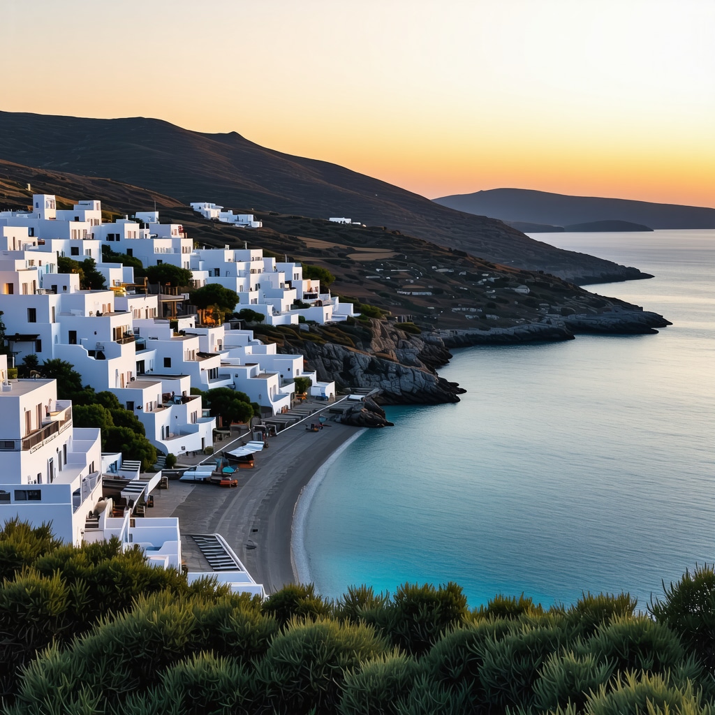 Aerial photograph showing Mykonos island coastline with beaches and nightlife at sunset