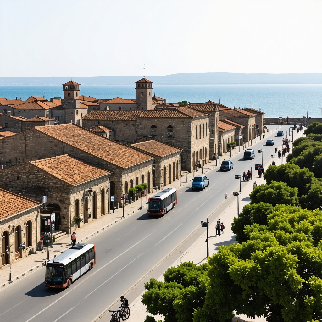 Aerial photo of Nesebar Old Town with stone buildings, Black Sea coastline, and eco-friendly transport infrastructure