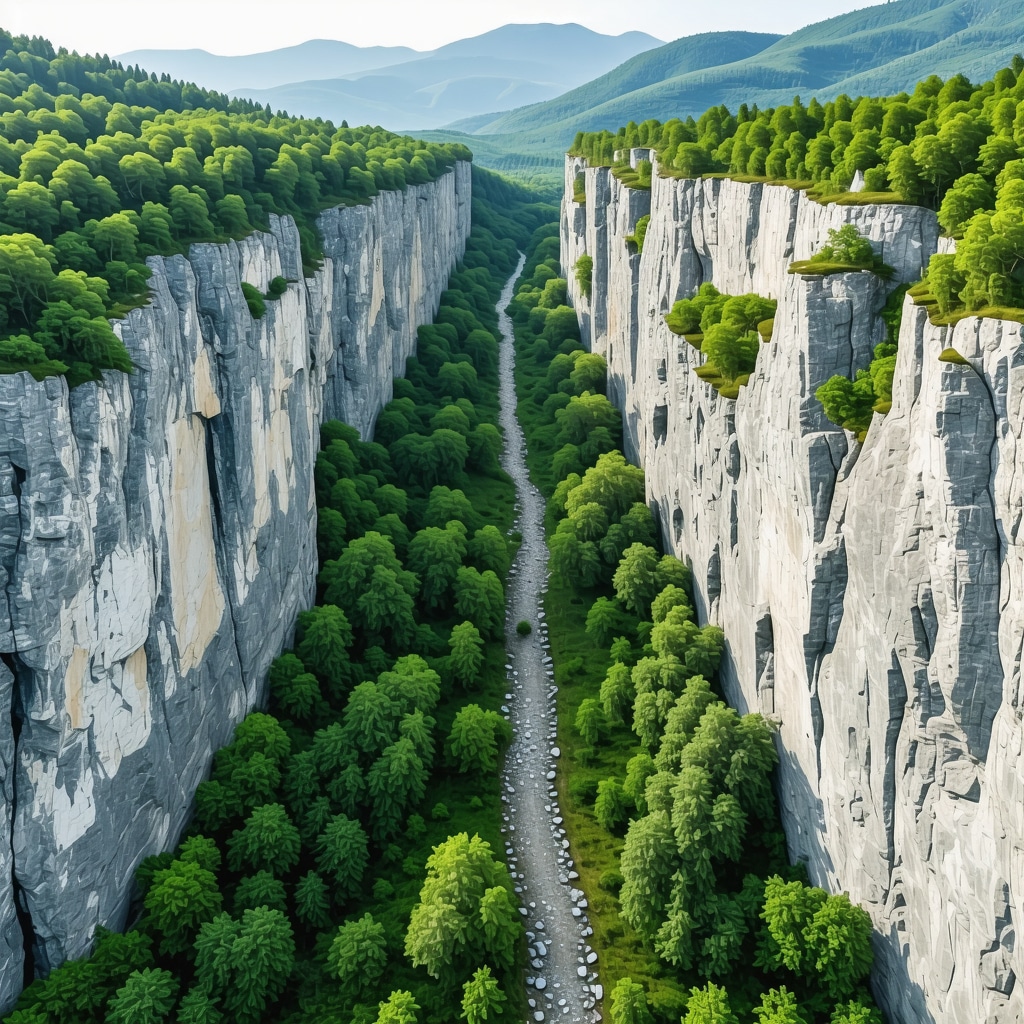 Aerial photograph of Rugova Canyon with graphical icons representing digital heritage preservation technology