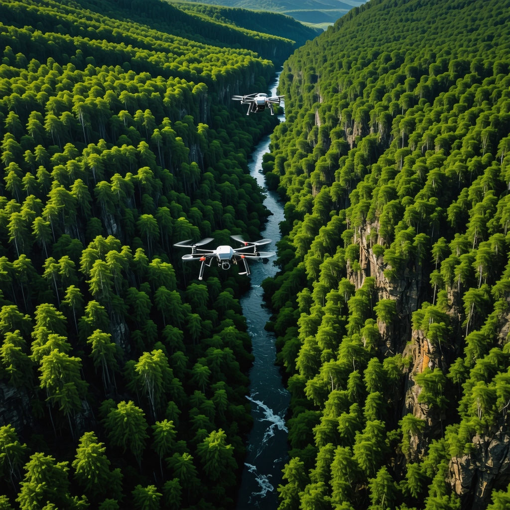 Aerial photograph of Tara National Park featuring the deep canyon, lush forests, a winding river, and drones in flight for environmental monitoring