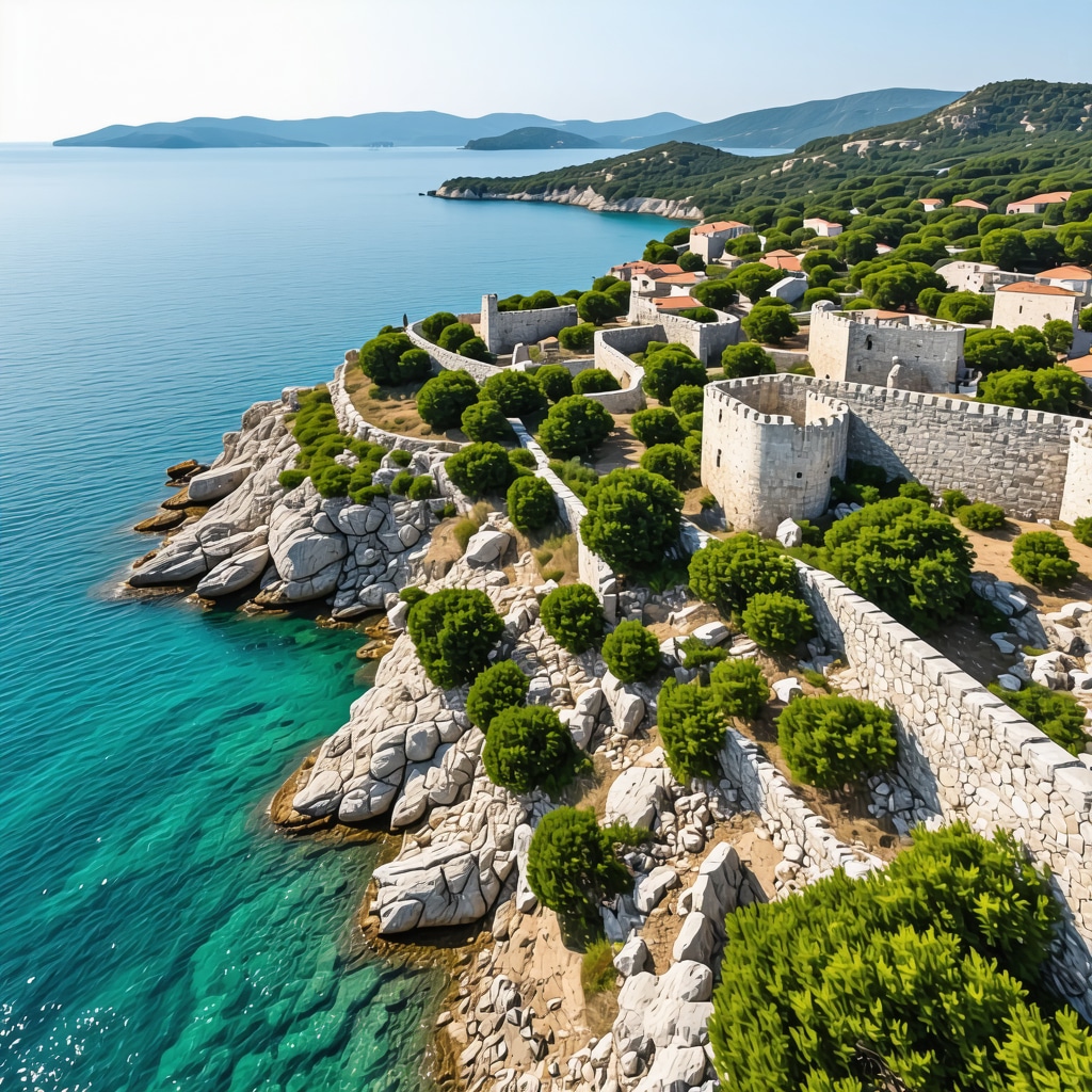 Aerial perspective of Vodice showing Adriatic Sea, fortress, hiking trails, and paragliders