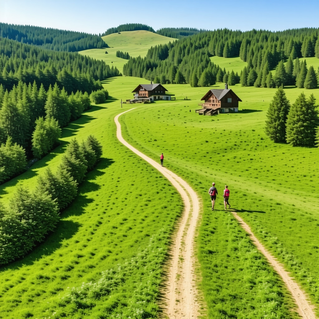 Aerial landscape of Zlatibor mountains with tourists engaging in eco-tourism activities using digital tools