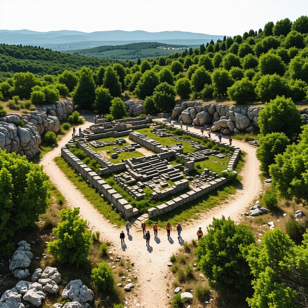 Ancient Stobi archaeological site with surrounding nature and hikers exploring trails