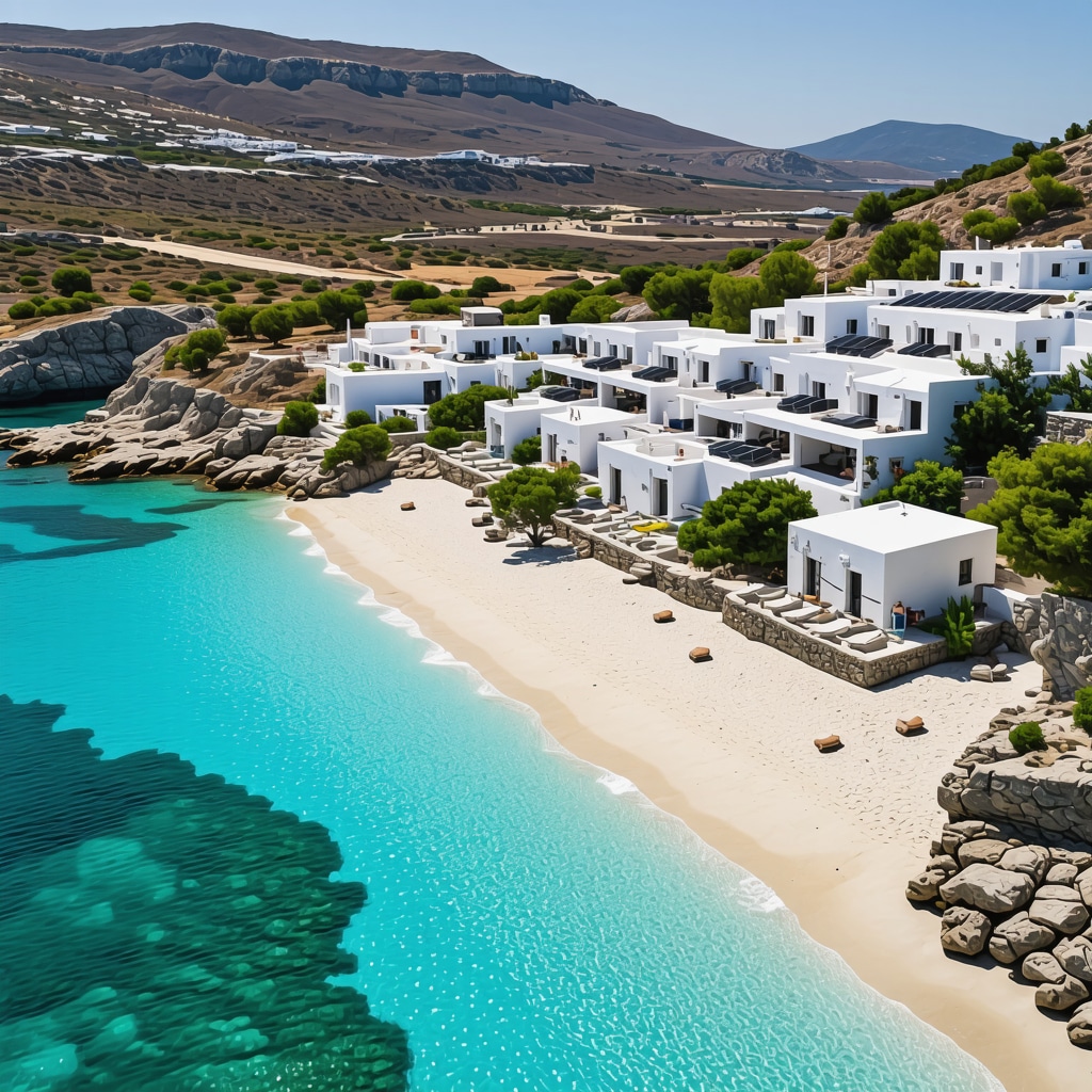 Aerial photo showing Mykonos island's beaches, eco-friendly resorts with solar panels, and green natural areas