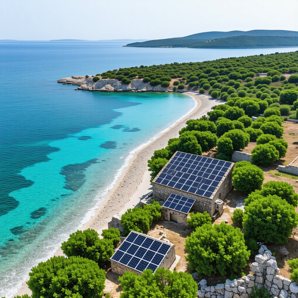 Aerial photo of Nin with beaches, historical sites, Mediterranean flora, and solar panels