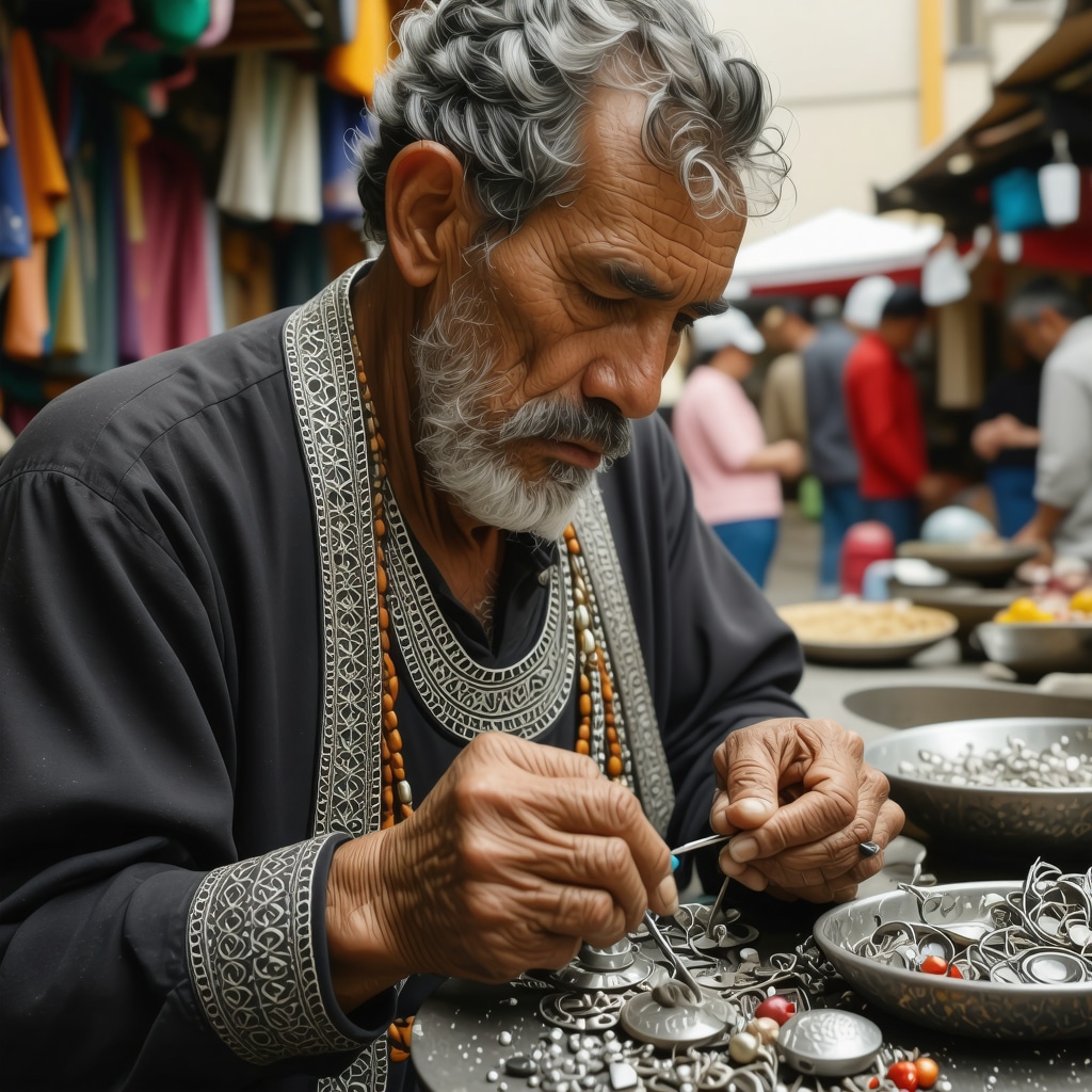 Close-up of artisan crafting intricate Albanian filigree jewelry in Krujë's vibrant old bazaar