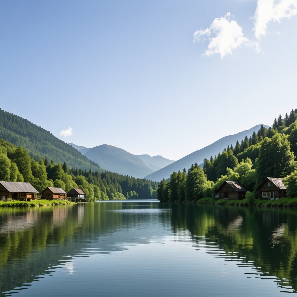 Scenic view of Bohinj alpine lake with forests and wooden cottages