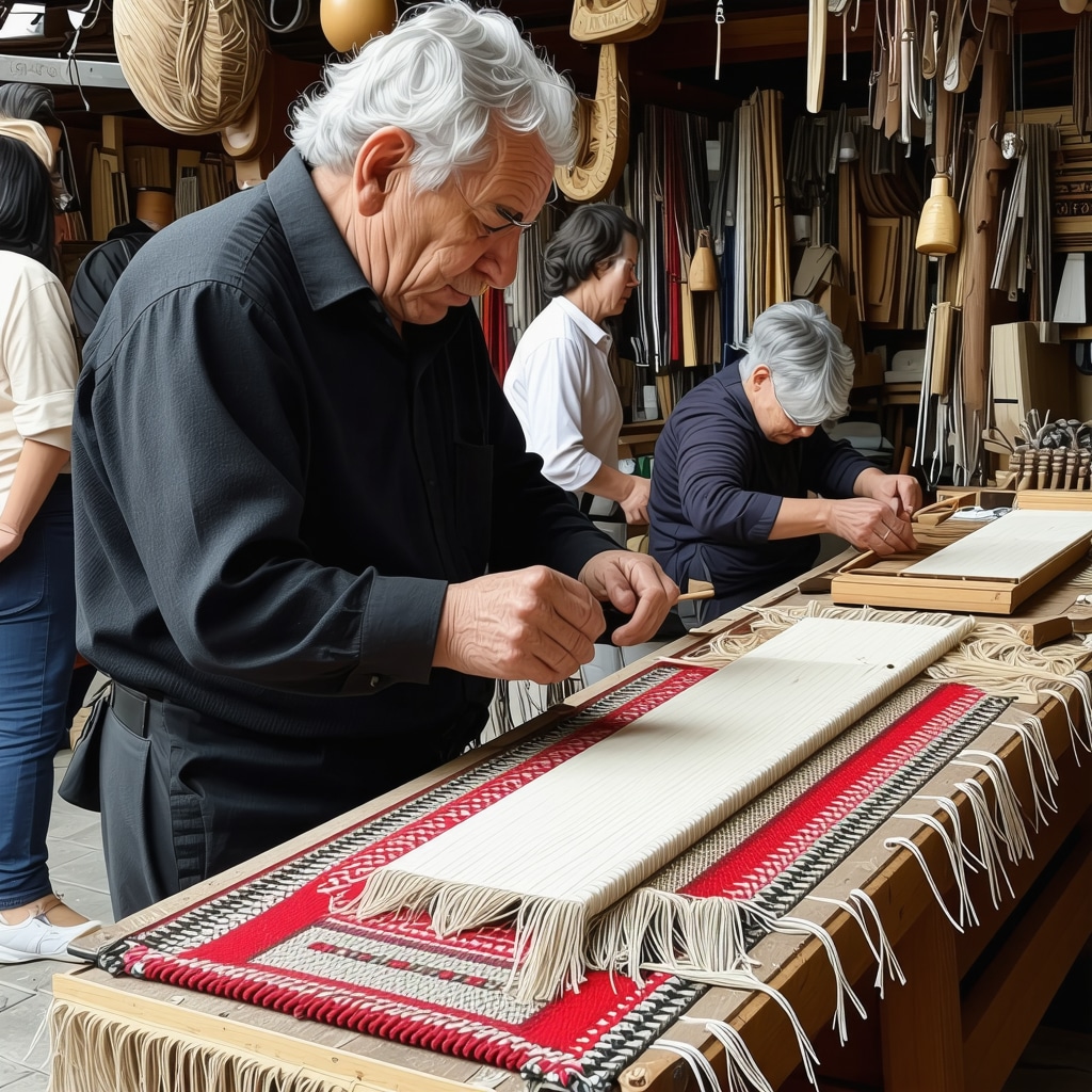 Craftsmen carving wood and weaving textiles in Gabrovo with visitors learning traditional Bulgarian crafts