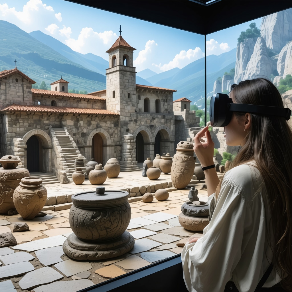 Visitors using augmented reality glasses to explore Berat's ancient architecture digitally