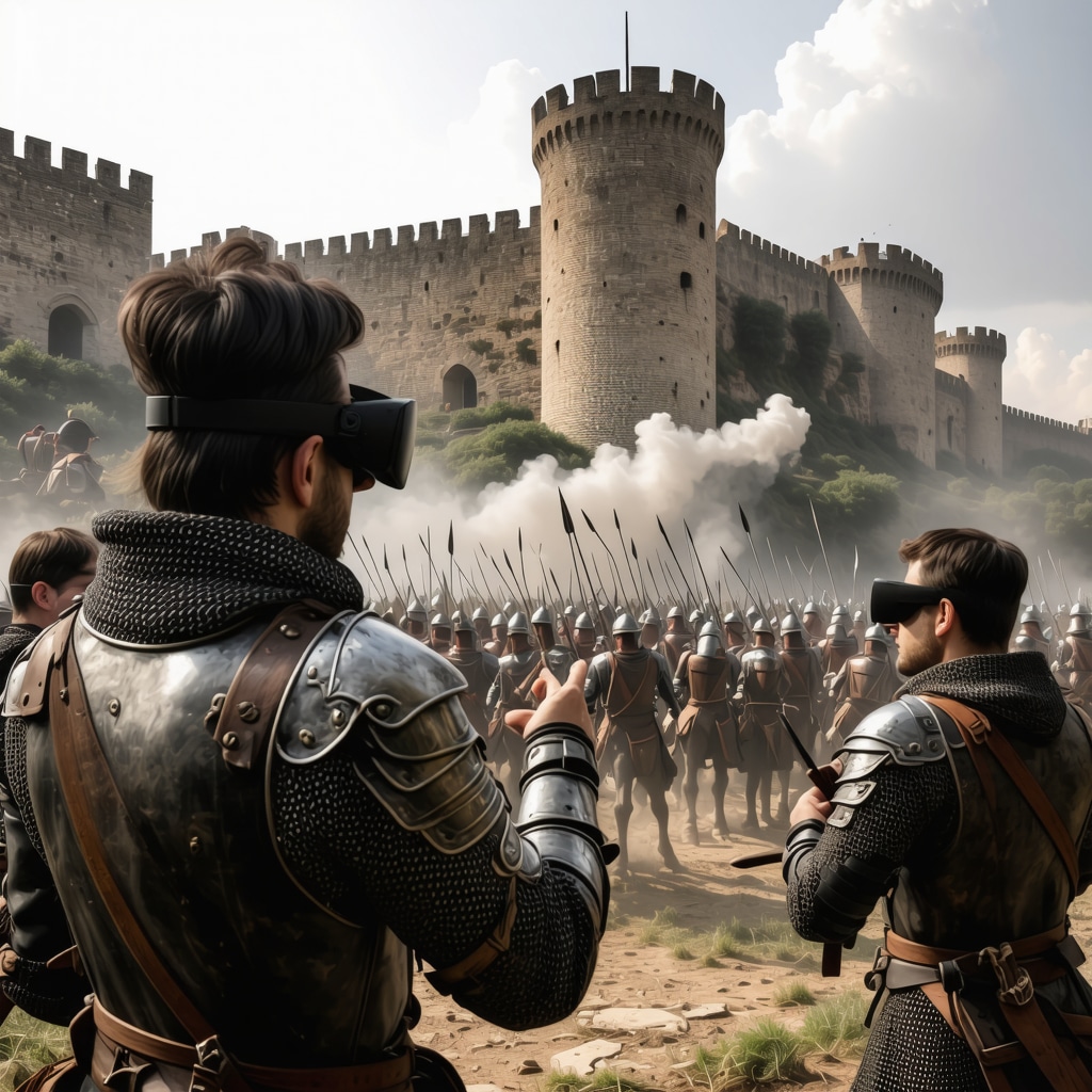 Tourists using augmented reality glasses to view medieval battle reconstructions at Krujë Castle