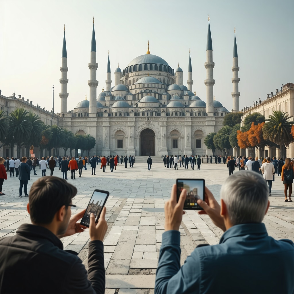 Tourists using augmented reality app to explore Selimiye Mosque in Edirne