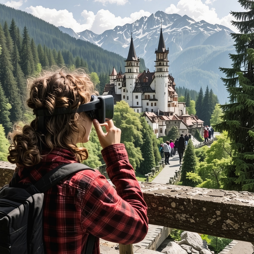 Tourist wearing augmented reality glasses exploring Peleș Castle with Carpathian mountains in the background