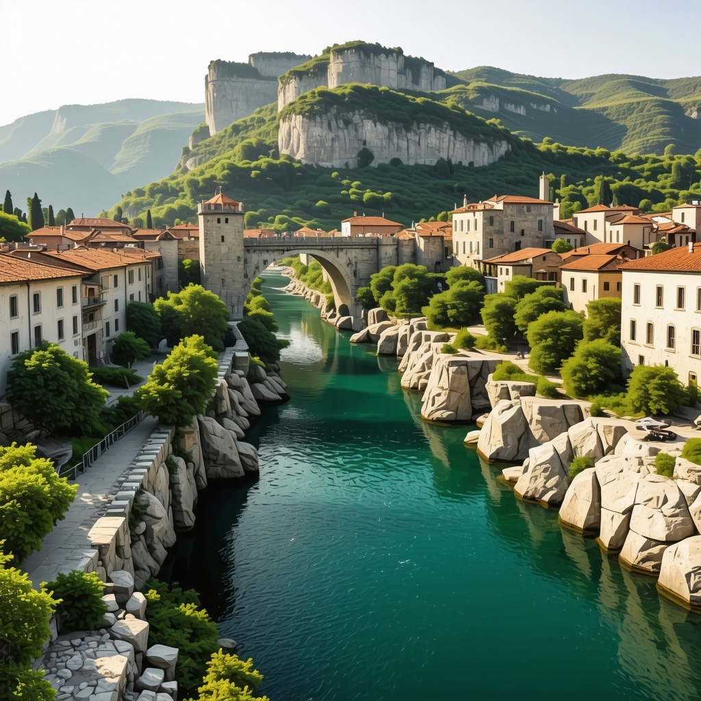 Digital augmented reality visualization of Stari Most bridge with 3D models and historical data overlay in Mostar