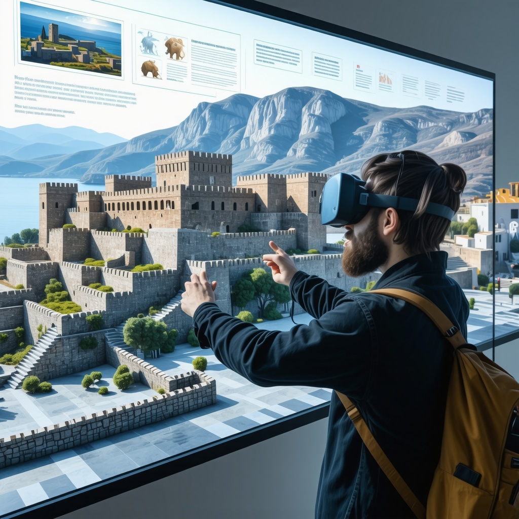 Tourist using augmented reality to explore Palamidi Castle with digital overlays in Nafplio