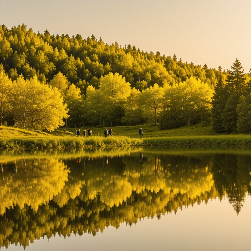 Golden autumn foliage and hikers in Sibiu National Park, Romania